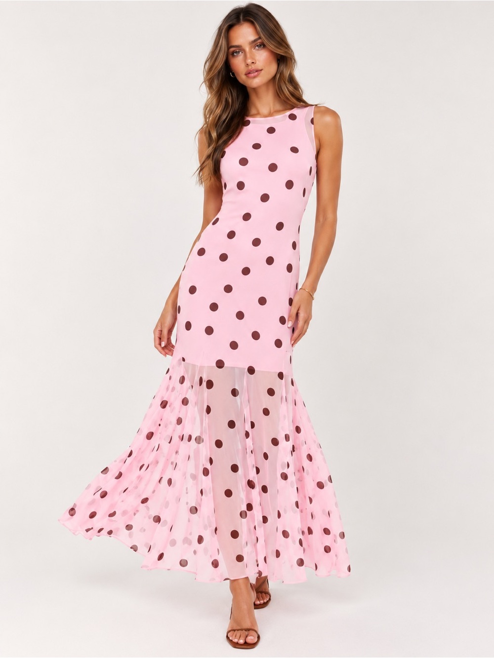 Princess Polly Pink Maxi Dress with Brown Polka Dots